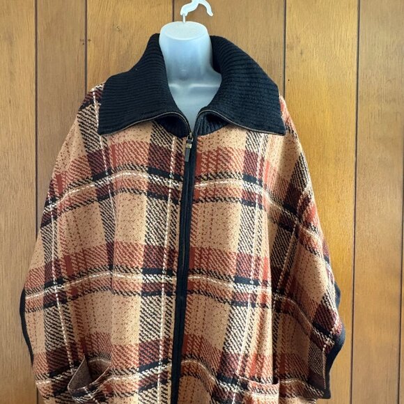 Tahari Sweater Cape Womens L XL Brown Plaid Dolman Sleeve Blanket Poncho Zip‎ Up - Picture 11 of 12